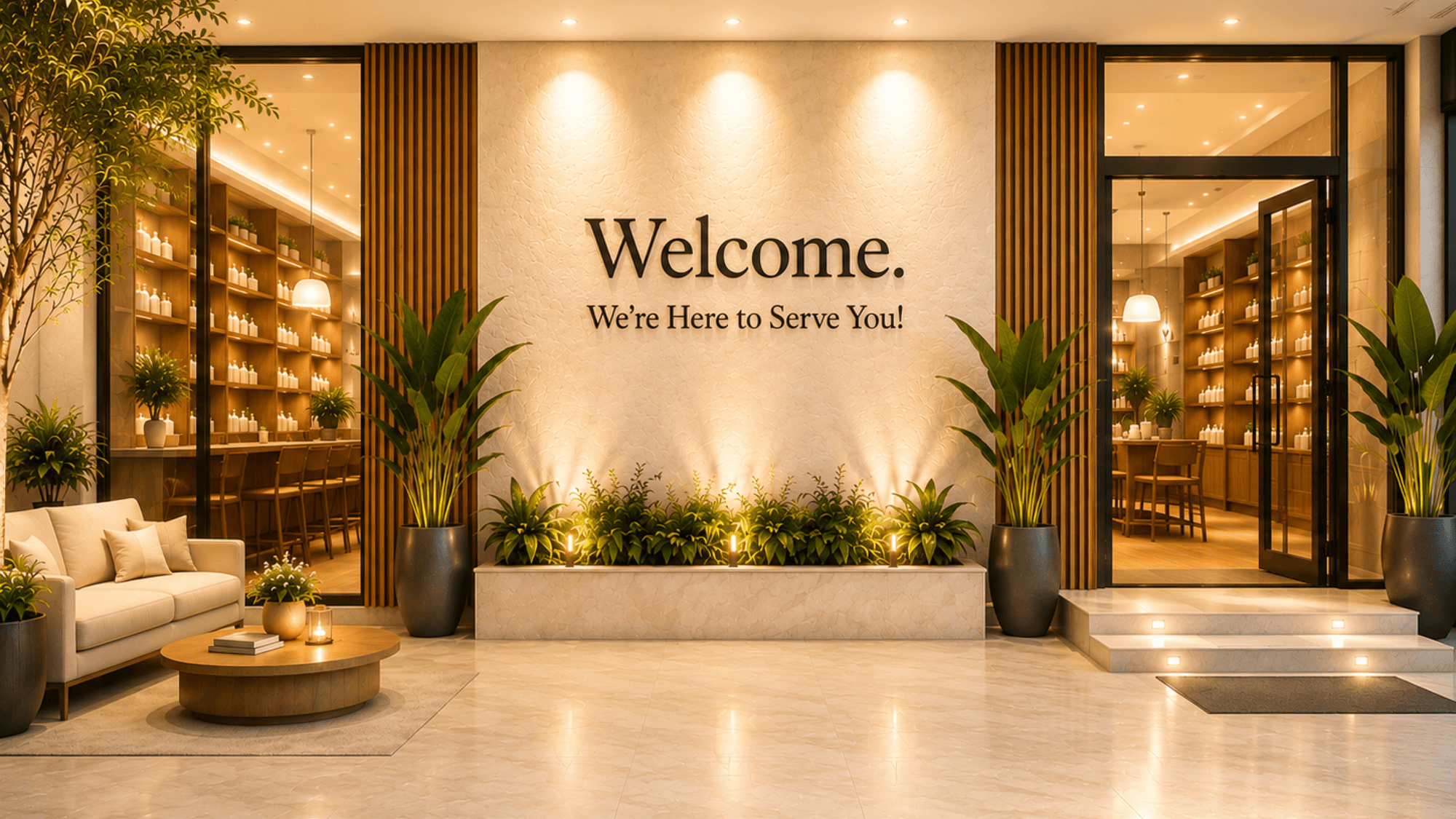 Storefront entrance, warmly lit, welcoming customers in