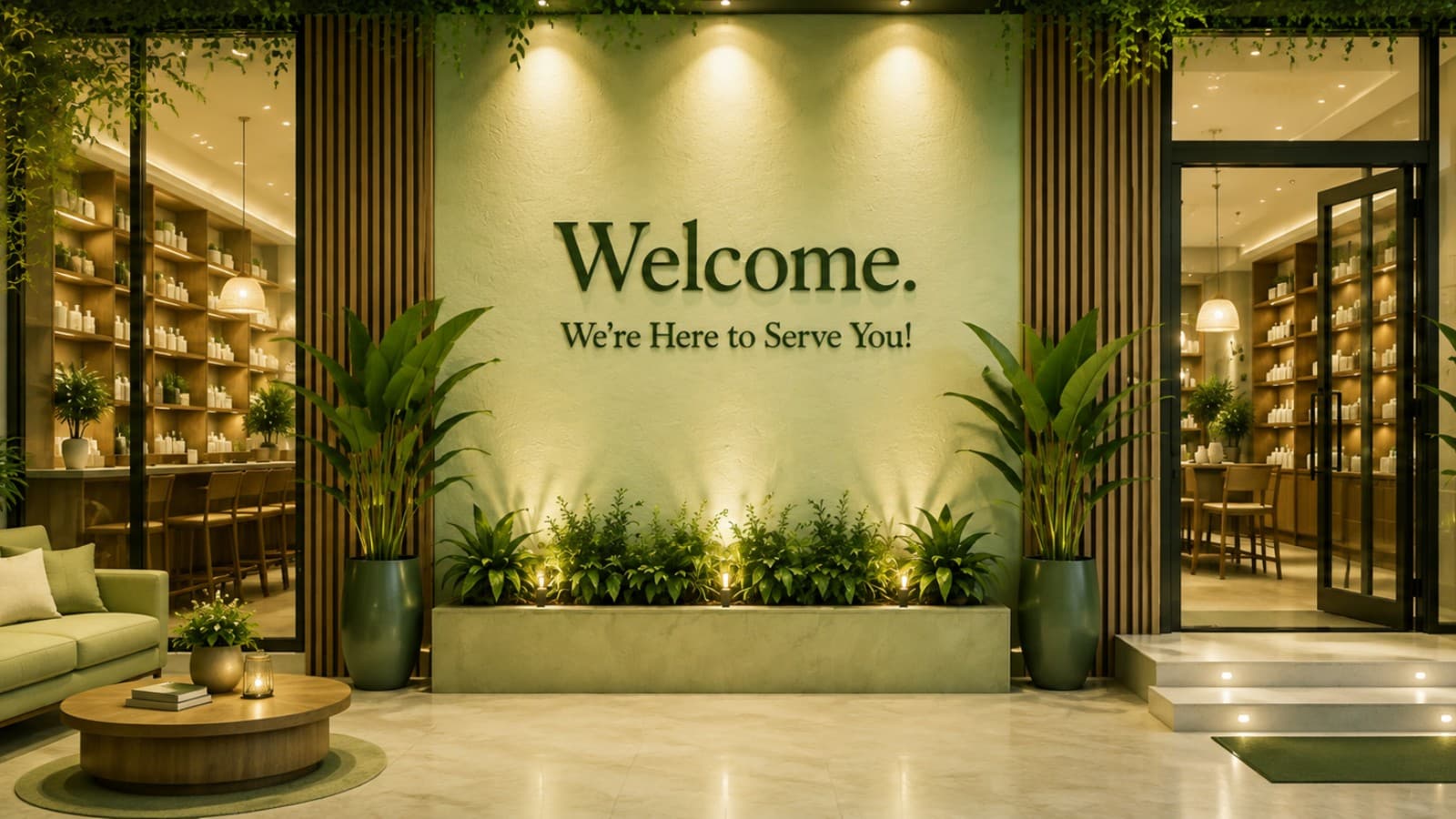 Storefront entrance, warmly lit, welcoming customers in